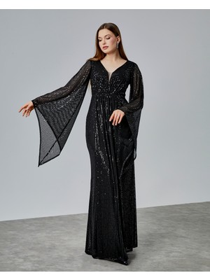 Asees Asimetrik Kollu Büzgü Detaylı Uzun Payet Abiye Elbise