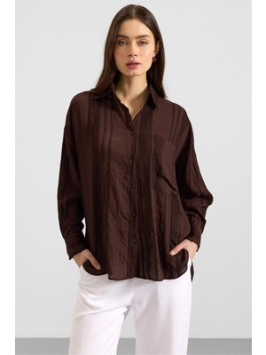 Olcay Kendinden Desenli Salaş Gömlek Kahve 9408