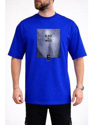 Caddekombin Erkek Black & Whıte Yazı Baskılı Bisiklet Yaka Saks Mavi T-Shirt