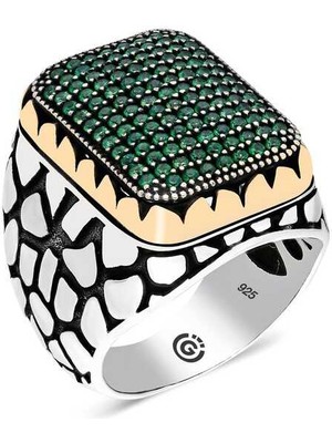 Fumeyabi Gümüş Yeşil Zirkon Taşlı Kare Erkek Yüzük