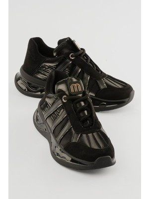Mubiano Kadın Süet Sneaker Anorak Detaylı Taşlı Spor Ayakkabı Neriel Siyah