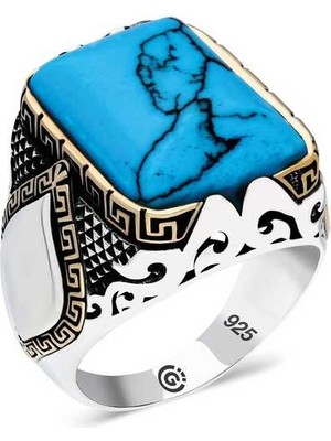 Fumeyabi ​gümüş Turkuaz Taşlı Köşeli Erkek Yüzük