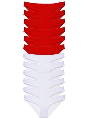 İlkyaz Fashion Ieg™ 12 Adet Süper Eko Set Likralı Kadın Slip Külot Kırmızı Beyaz