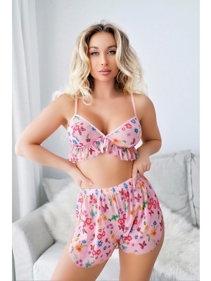 İlkyaz Fashion Ieg™ Pembe Desenli Fantezi Tül Şortlu Sütyen Takımı