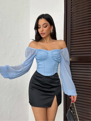 Qutta Kadın Madonna Yaka Şifon Kol Önü Biyeli Dalgıç Kumaş Bluz