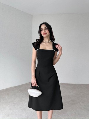 Moda Durağı Sıralı Incili Midi Elbise Siyah