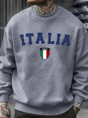 Italya Mektup Ulusal Bayrak Rozeti Baskılı Erkek Kazaklar Polar Kazak Sokak Rahat Spor Giyim