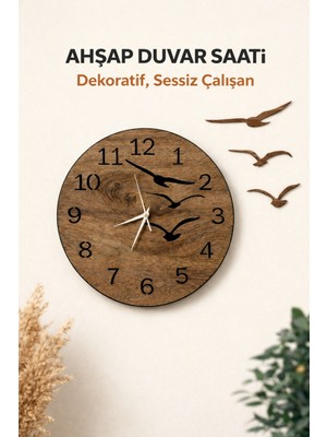 40 cm Büyük Boy Ahşap Duvar Saati - Sessiz Akar Mekanizmalı Martı Temalı Dekoratif Set