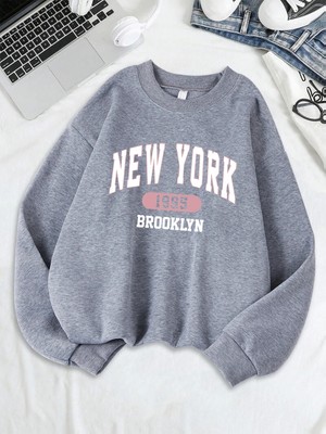 New York Brooklyn 1955 Baskılar Tişörtü Kadın Bisiklet Yaka Rahat Kapüşonlular Gevşek Polar S