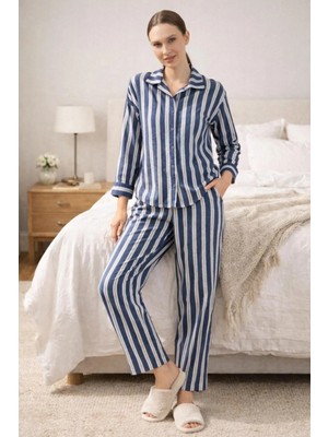 Godewo Gömlek Yaka Pamuklu Çizgili Kadın Pijama Takımı K405096