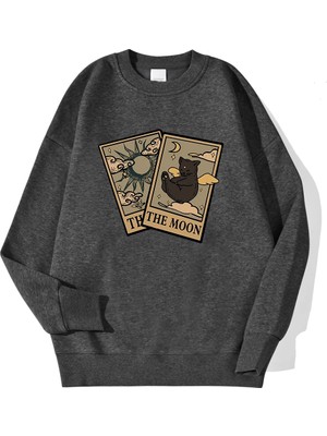Rahat Vintage Kadın Tişörtü Tarot Ayı ve Ay Baskılı Kapüşonlular Polar Sıcak Kazak Sokak Crew