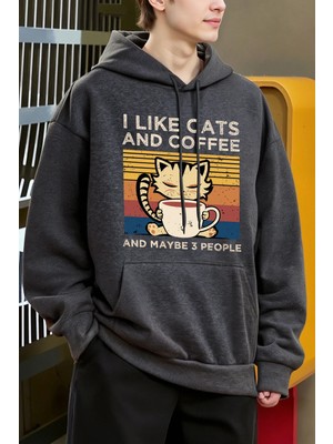 Sevimli Kedi Kahve Içiyor Desen Erkekler Y2K Hoody Hip Hop Polar Moda Hoodie Büyük Boy Sokak