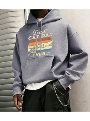 Şimdiye Kadarki En Iyi Kedi Babası Kediler Baskılı Erkek Kapüşonlu Ceket Cepli Polar Uzun Kol