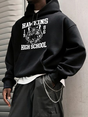 Hawkins Lisesi 1986 Desen Erkekler Temel Kapüşonlular Cep Vintage Üstler Günlük Moda Uzun Kol