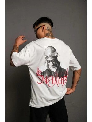 Erkek Sırt Baskılı Oversize T-Shirt - Beyaz