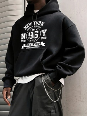 New York Brooklyn Boroughn Baskı Erkekler Sonbahar Polar Kapüşonlular Gevşek Yumuşak Uzun Kol