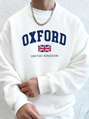 Oxford Birleşik Krallık Mektup ve Bayrak Baskılı Erkek Kapüşonlular Bisiklet Yaka Yumuşak Üst