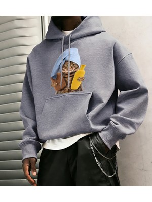 Sevimli Duş Başlığı Kedi Baskılı Erkekler Kapüşonlular Tüm Maç Gevşek Kazak Polar Günlük Spor