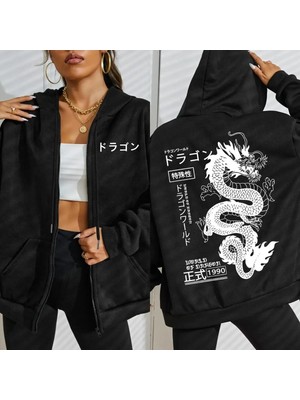 Dünya Ejderha Özel 1990 Desen Kadın Fermuarlı Kapüşonlu Kıyafet Trendy Polar Hoody Rahat Sonb