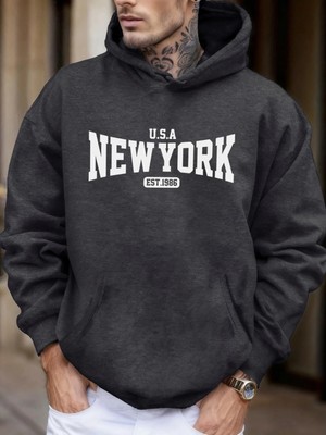 Abd New York Est 1986 Baskı Unisex Sonbahar Günlük Tişörtü Moda Cep Sokak Giyimi Polar Sokak