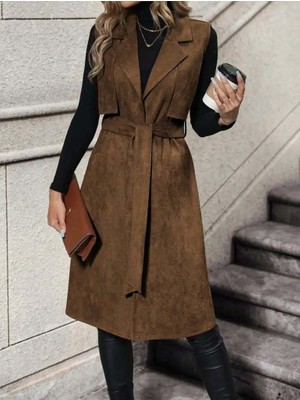 Gökyüzü Moda Kadın Kolsuz Yakalı Önü Açık Belden Kuşaklı Süet Midi Yelek