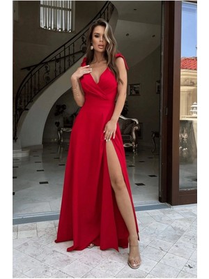 Kadın Askılı Omuzdan Bağlamalı Kruvaze Yakalı Uzun Yırtmaçlı Janjan Krep Elbise