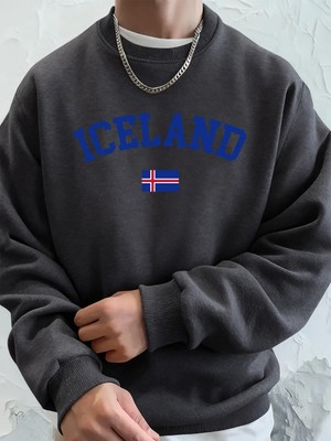 Izlanda Bayrağı Baskılı Erkek Kazak Kışlık Bol Kapüşonlu Spor Bisiklet Yaka Polar Sıcak Kazak