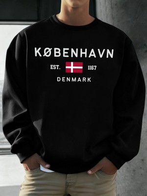 Kobenhavn Danimarka Bayrağı Baskılı Kazak Erkekler Polar Moda Kazak Yaratıcı Sonbahar Spor Gi