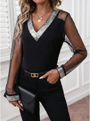 Kadın Uzun Kollu V Yakalı Tül Detaylı Ithal Krep Bluz