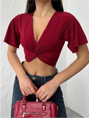 Qutta Kadın Önü Burgulu Kısa Ispanyol Kol Crop Bluz