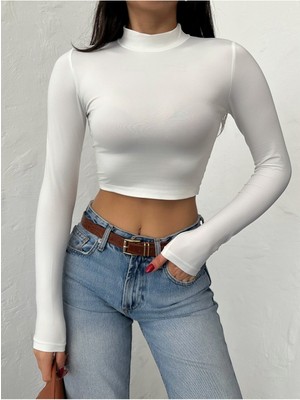 Qutta Kadın Yarım Balıkçı Yaka Dalgıç Kumaş Uzun Kollu Crop Bluz