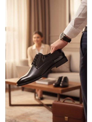 Enoch Hakiki Deri Siyah Yan Paneli Mikro Nokta Dokulu ve Parlak Detaylı Klasik Erkek Ayakkabı