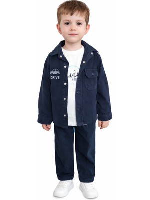 İrem Çocuk Giyim Erkek Çocuk Araba Nakışlı Gabardin Kumaş Ceket Pantolon Tişört Üçlü Lacivert Renk Takım