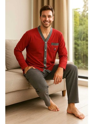 Tenra Erkek Pijama Takımı %100 Pamuk Boydan Düğmeli