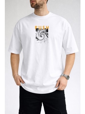Caddekombin Erkek Vortex Desenli Push Yazı Baskılı Bisiklet Yaka Beyaz T-Shirt