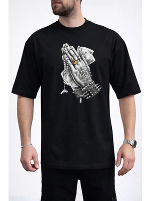 Caddekombin Erkek Dövmeli El ve Dolar Fotoğraf Baskılı Bisiklet Yaka Siyah T-Shirt