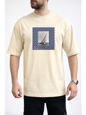 Caddekombin Erkek Modern Grafik Yelkenli Bisiklet Yaka Bej T-Shirt
