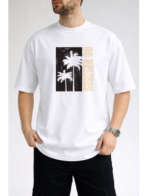 Caddekombin Erkek Palmiye Silüetli Surfing Co Yazı Baskılı Bisiklet Yaka Beyaz T-Shirt