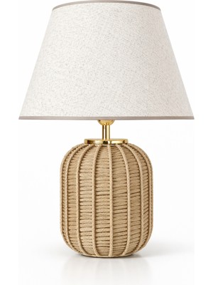 Bahar Aydınlatma Solace Gold Detaylı Hasır Gövde Bej Başlık Rattan Dekoratif Abajur