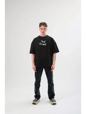 ModaSize Unisex Bisiklet Yaka Baskılı Oversize T-Shirt - Siyah