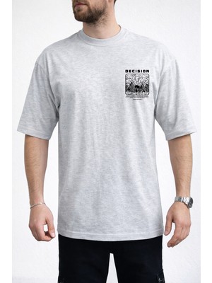 Caddekombin Erkek Decısıon Göğüs Yazı Baskılı Bisiklet Yaka Gri T-Shirt