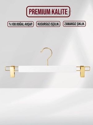 SDF Askı Beyaz Ahşap Pantolon Etek Askısı Gold Kancalı (10 Adet)