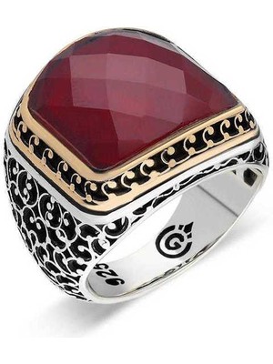 Fumeyabi Gümüş Yakut Renk Kırmızı Taşlı Erkek Yüzük