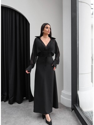 Esra Helvacı Bel Detay Tüllü Uzun Elbise