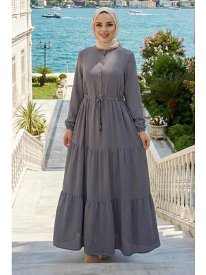 Büzgülü Düğmeli Bağcıklı Ayrobin Elbise Gri HM268811