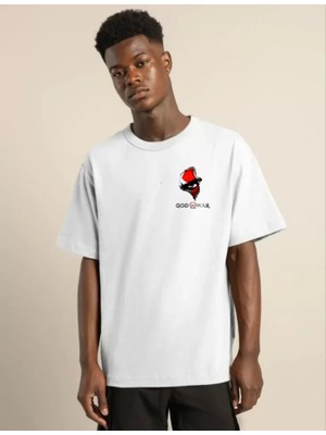 ModaSize Unisex Bisiklet Yaka Baskılı Oversize T-Shirt - Beyaz