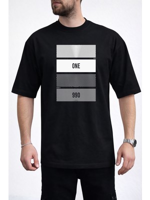 Caddekombin Erkek One Yazılı Konsantrik Çizgi Detaylı Bisiklet Yaka Siyah T-Shirt