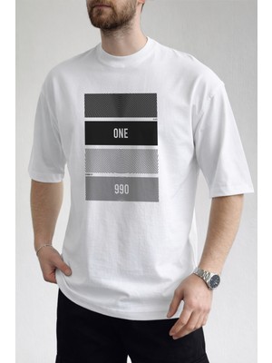 Caddekombin Erkek One Yazılı Konsantrik Çizgi Detaylı Bisiklet Yaka Beyaz T-Shirt