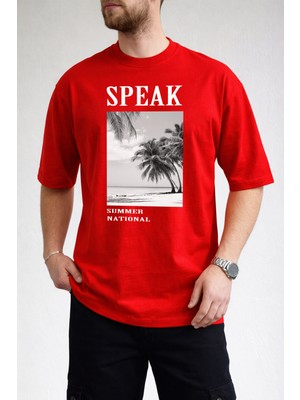 Caddekombin Erkek Modern Yaz Temalı Speak Yazı Baskılı Bisiklet Yaka Kırmızı T-Shirt