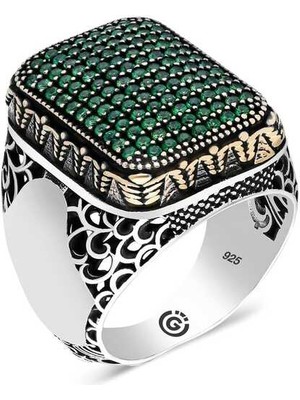 Fumeyabi Gümüş Yeşil Zirkon Taşlı Kare Erkek Yüzük